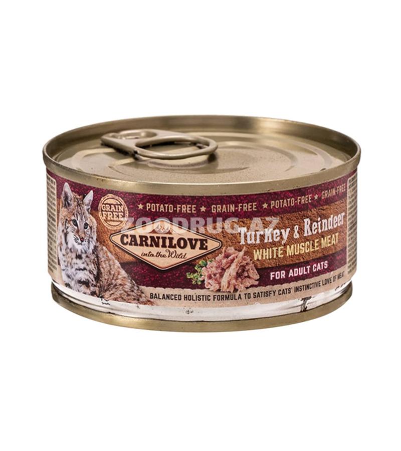 Влажный корм Carnilove Cat Turkey & Reindeer  Adult Полнорационный беззерновой влажный корм с мясом индейки и северного оленя для взрослых кошек возрастом старше 12 месяцев 100 гр.