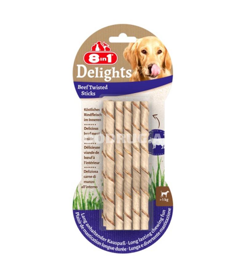 8in1 Delights Beef Twisted Sticks — içində təbii mal ətindən hazırlanan dadlı çeynəmə çubuqlarıdır.