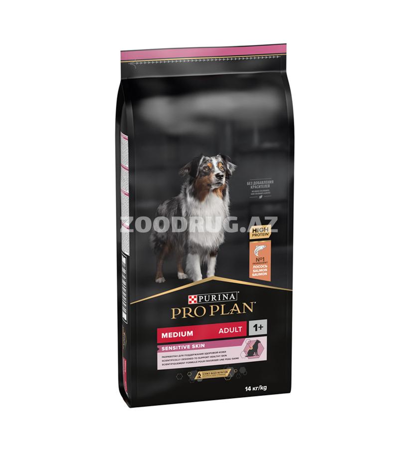 Purina Proplan Medium Adult Sensitive Skin Salmon quru yemi, yüksək zülal tərkibli, həssas dəri və həzm sistemi olan yetkin orta cinsdən olan itlər üçün, salmon dadlı.