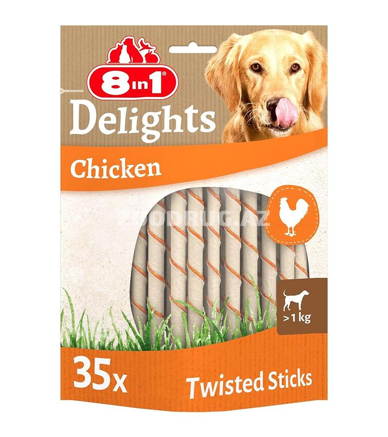 Лакомство 8in1 Delights Chicken Twisted Sticks — это набор тонких жевательных палочек, скрученных с ароматным куриным мясом.