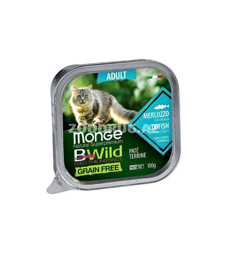 Monge BWild Paté Terrine Codfish with Vegetables — беззерновой паштет премиум-класса для взрослых кошек с треской и овощами.