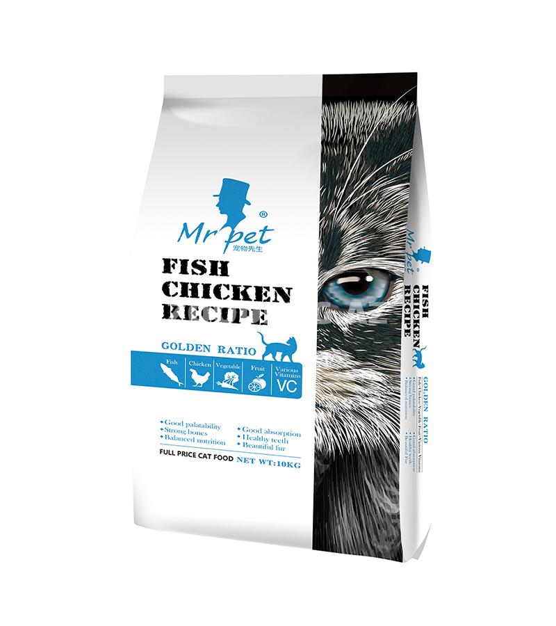 Mr.Pet Fish & Chicken Recipe — balıq və toyuğun optimal birləşməsi əsasında hazırlanmış, böyüklər üçün nəzərdə tutulmuş balanslaşdırılmış quru pişik yemidir.