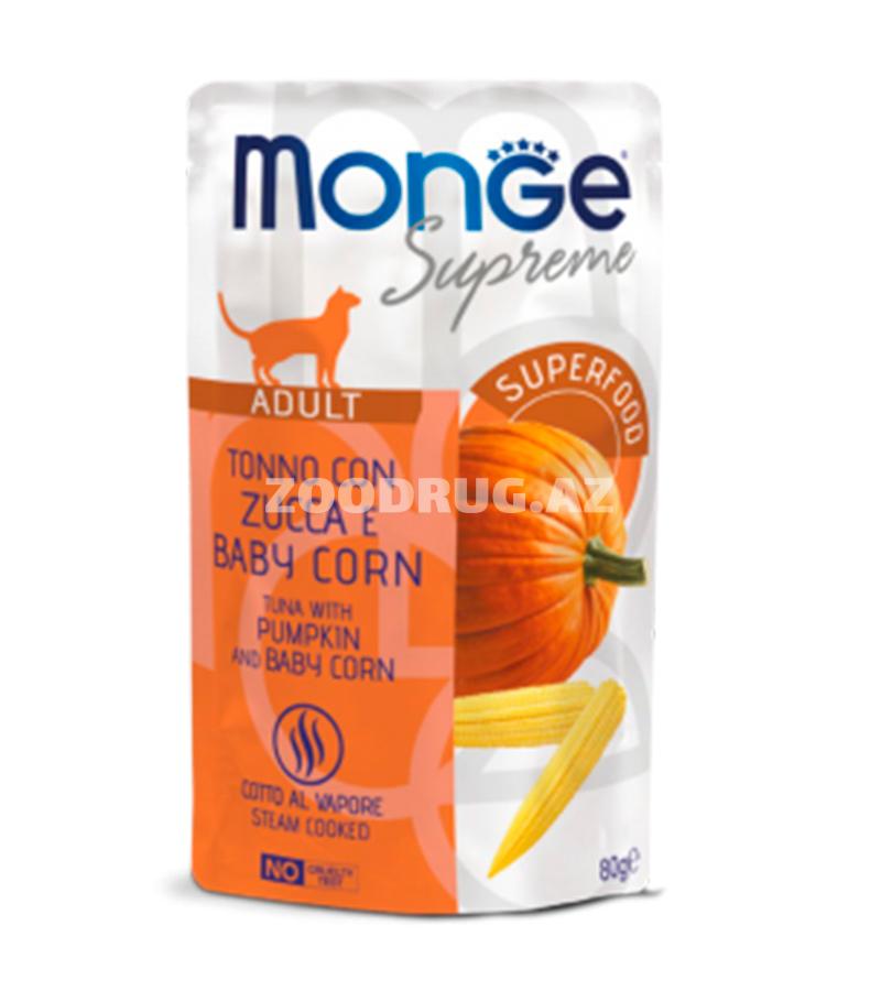 Влажный корм Monge Supreme Adult Cat для взрослых кошек с тунцом, мини-кукуруза и тыквой 80 гр.