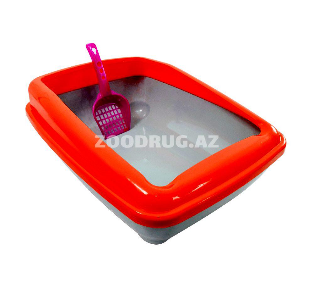 Лоток для кошек с бортиком и лопаткой. Цвет: Красный. Размер: 50х35 см.