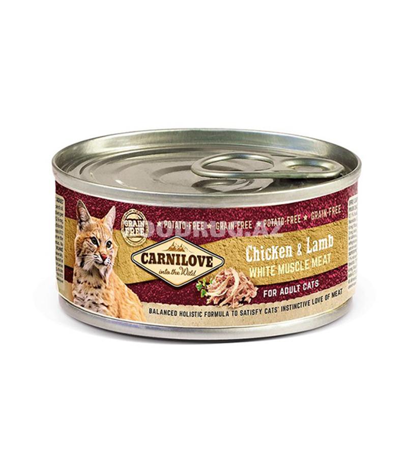 Влажный корм Carnilove Cat Chicken & Lamb  Adult Полнорационный беззерновой влажный корм с мясом курицы и ягненка для взрослых кошек возрастом старше 12 месяцев 100гр.