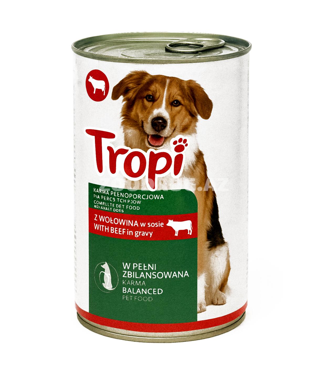 Влажный Консервированный корм Tropi для взрослых собак с говядиной в соусе 1250 г