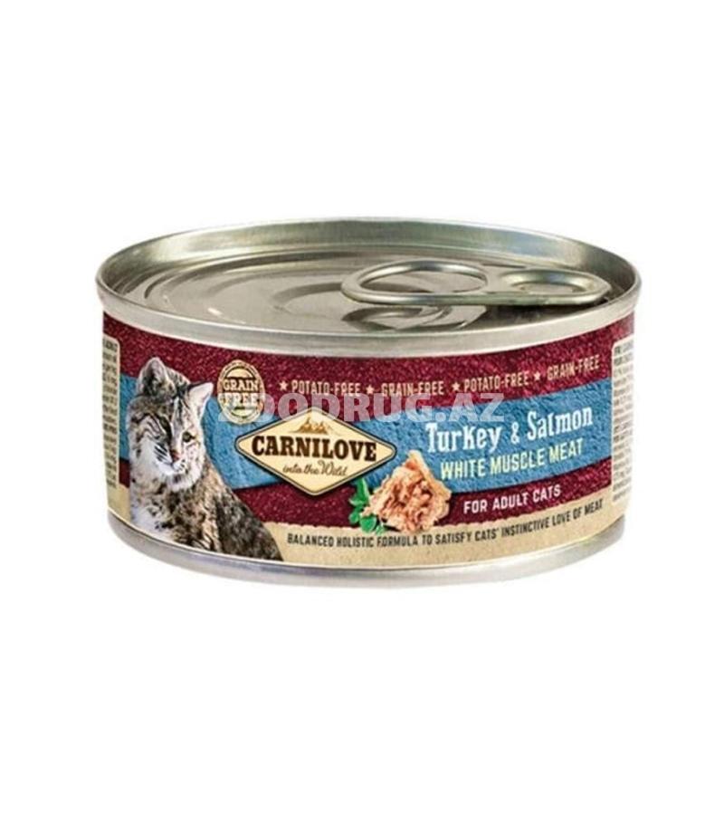 Влажный корм Carnilove Cat Turkey & Salmon  Adult  Полнорационный беззерновой влажный корм с мясом индейки и лососем для взрослых кошек возрастом старше 12 месяцев 100 гр.