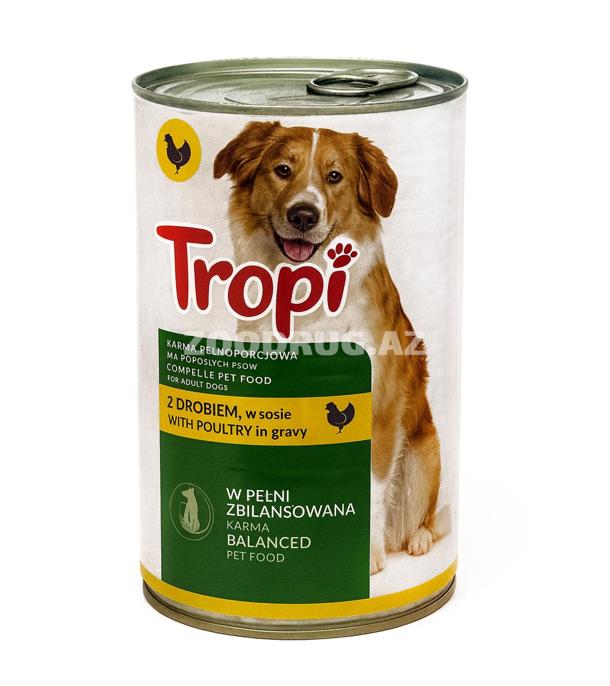 Влажный Консервированный корм Tropi для взрослых собак со вкусом домашних птиц 1250 г.