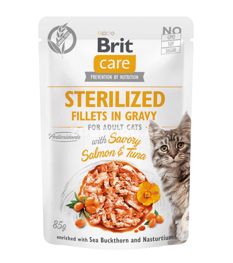 Влажный корм Brit Care Cat Sterilized with Savory Salmon&Tuna филе в соусе с лососем и тунцом, полнорационный беззерновой для кастрированных котов и стерилизованных кошек 85 гр.